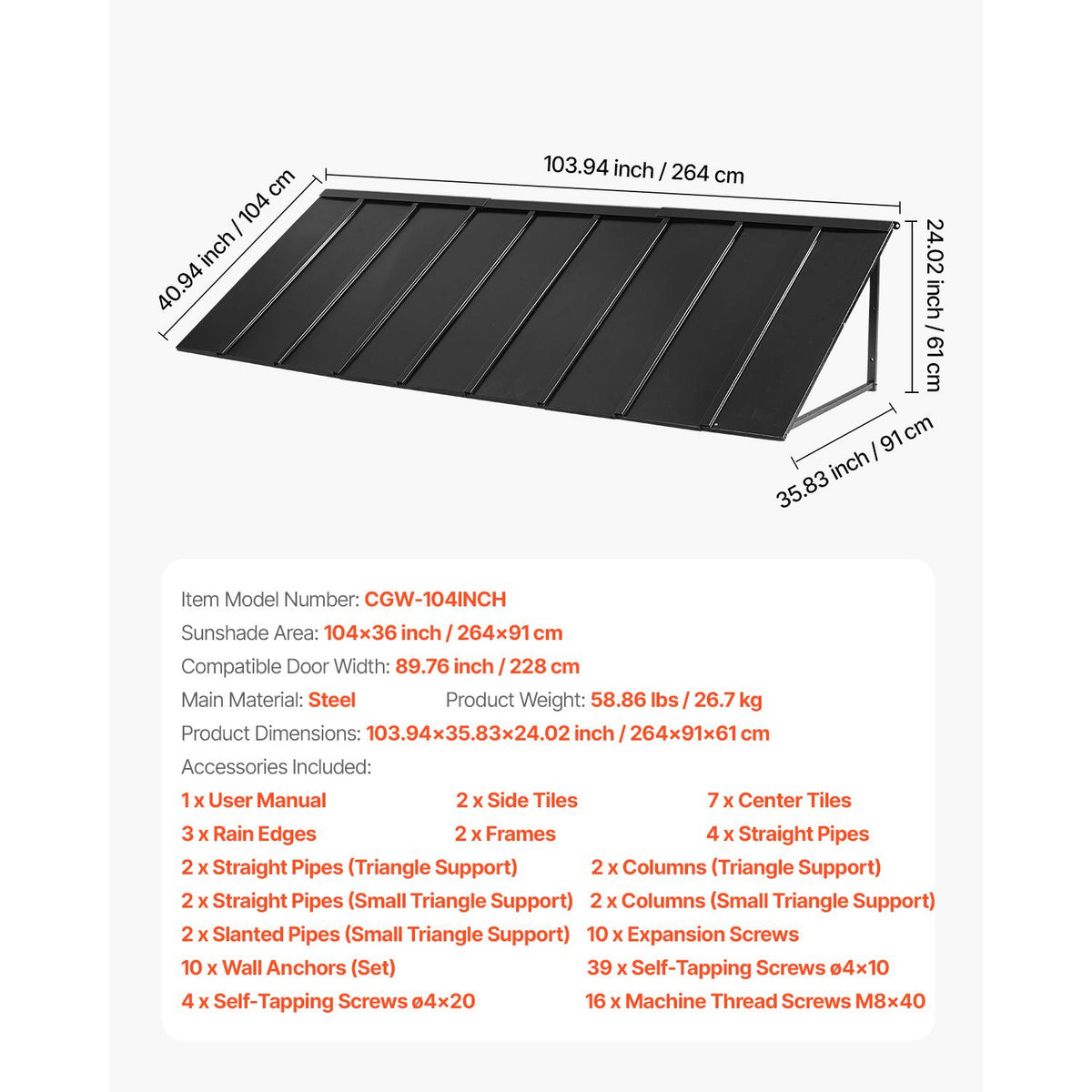 VEVOR 104 x 36 in Fixed Metal Door & Window Awning