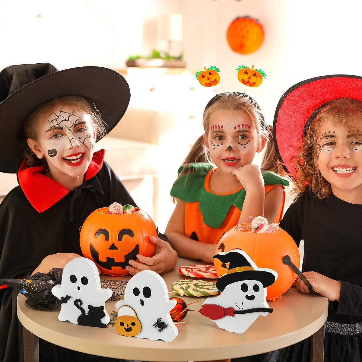 Cute Ghost Halloween Decorations Indoor, Wooden Tiered Tray Decor Table Sign Set of 3, Black Cat Bat Witch Broom Signs Pumpkin Blocks for Party Home - product view 6