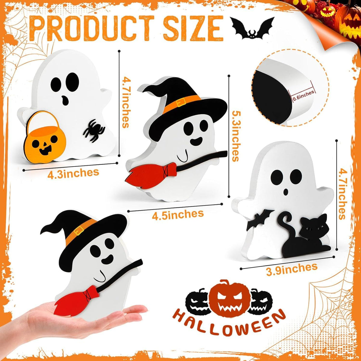 Cute Ghost Halloween Decorations Indoor, Wooden Tiered Tray Decor Table Sign Set of 3, Black Cat Bat Witch Broom Signs Pumpkin Blocks for Party Home - product view 2