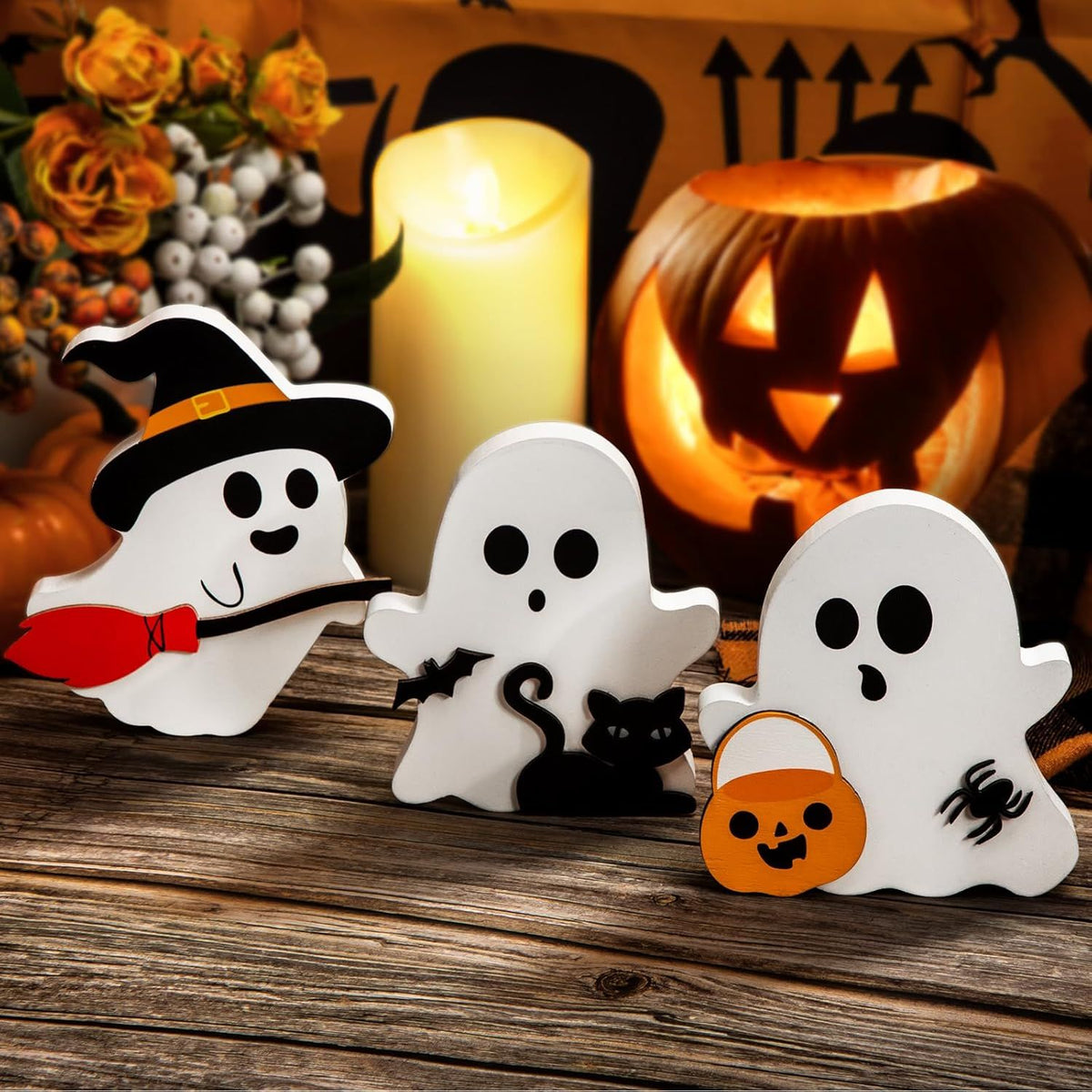 Cute Ghost Halloween Decorations Indoor, Wooden Tiered Tray Decor Table Sign Set of 3, Black Cat Bat Witch Broom Signs Pumpkin Blocks for Party Home