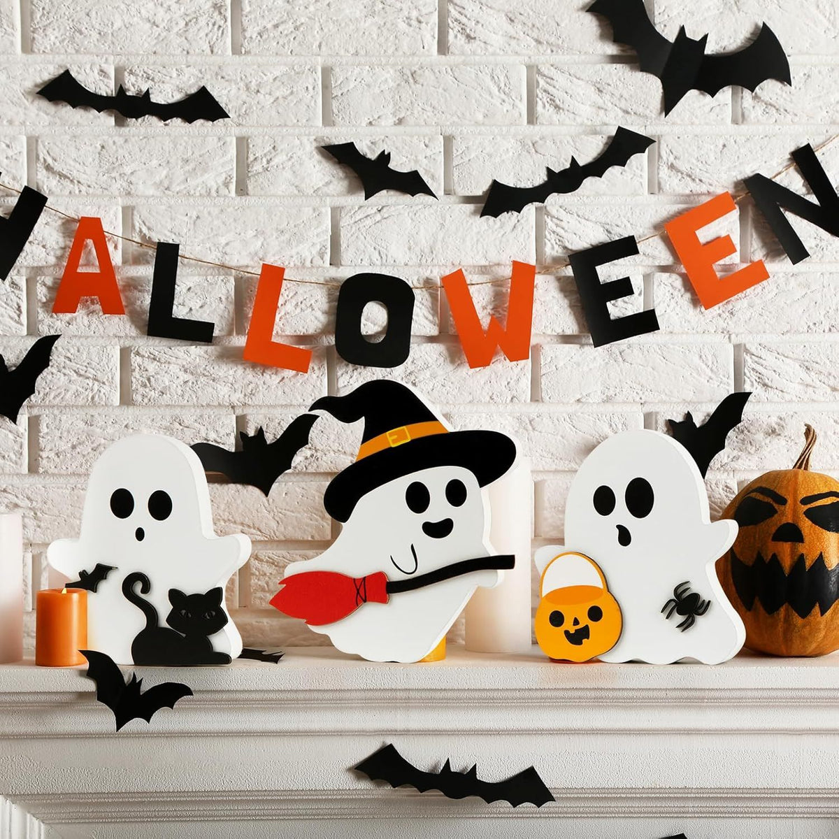 Cute Ghost Halloween Decorations Indoor, Wooden Tiered Tray Decor Table Sign Set of 3, Black Cat Bat Witch Broom Signs Pumpkin Blocks for Party Home - product view 5