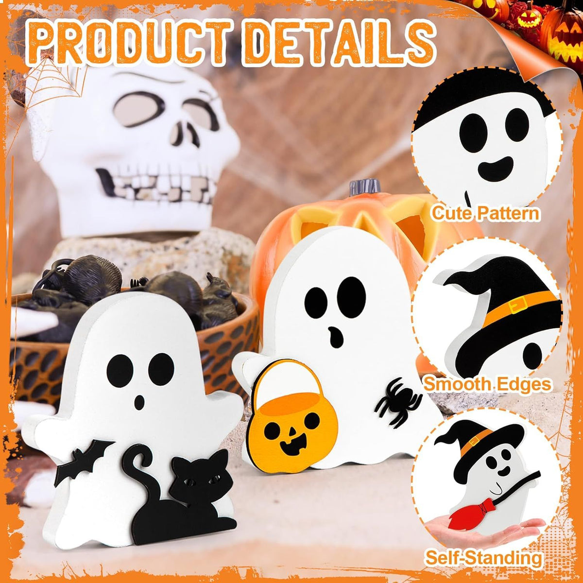 Cute Ghost Halloween Decorations Indoor, Wooden Tiered Tray Decor Table Sign Set of 3, Black Cat Bat Witch Broom Signs Pumpkin Blocks for Party Home - product view 3