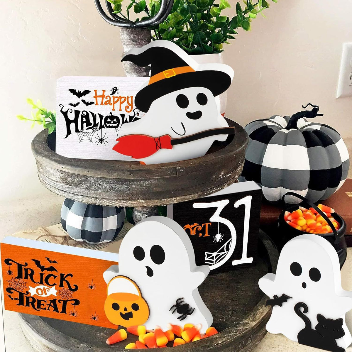 Cute Ghost Halloween Decorations Indoor, Wooden Tiered Tray Decor Table Sign Set of 3, Black Cat Bat Witch Broom Signs Pumpkin Blocks for Party Home - product view 4