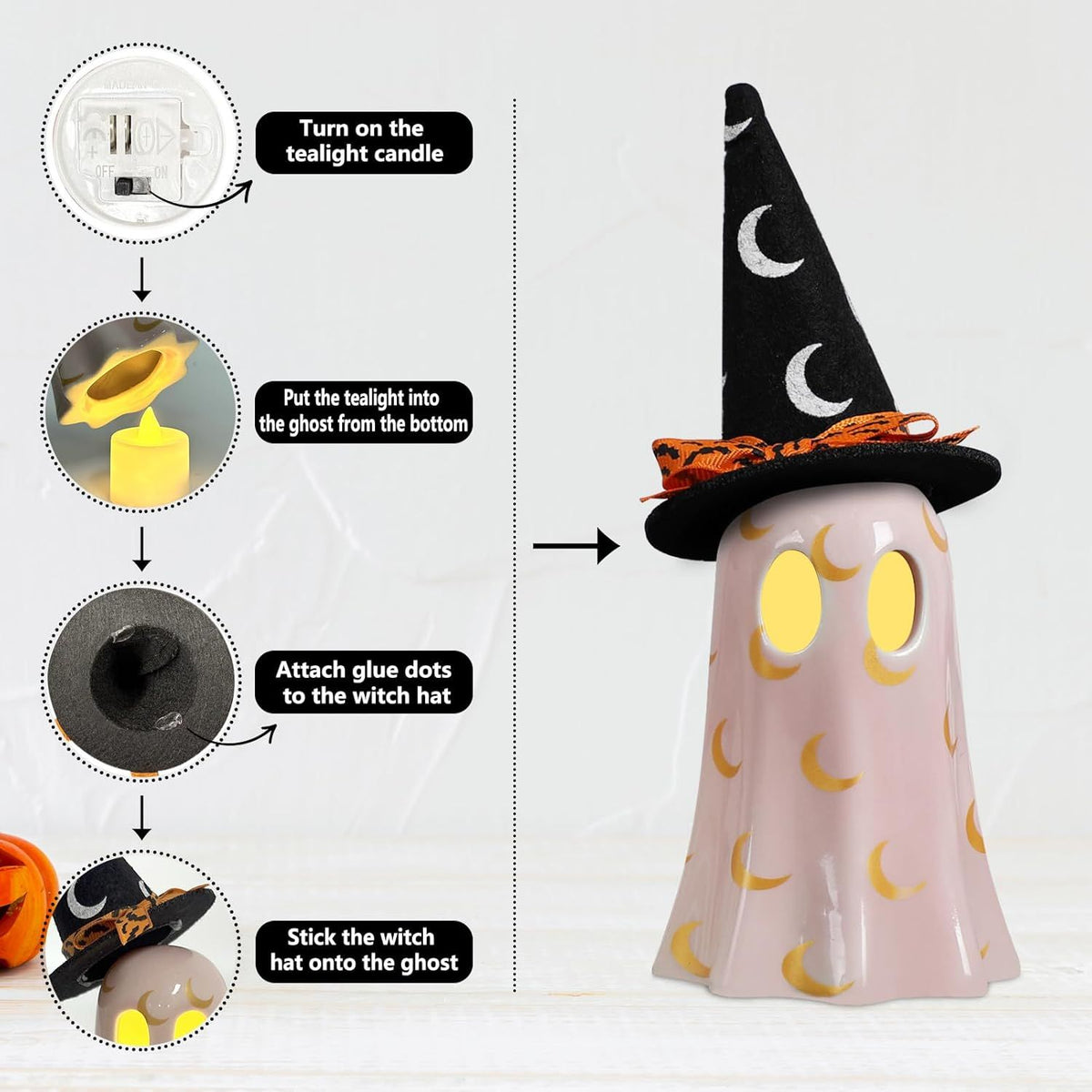Halloween Decor Indoor, Set of 3 Ceramic Ghosts with Witch Hats, Cute Spooky Ghost Figurines for Mantel, Shelf & Tabletop Decor, Halloween Decorations - product view 2