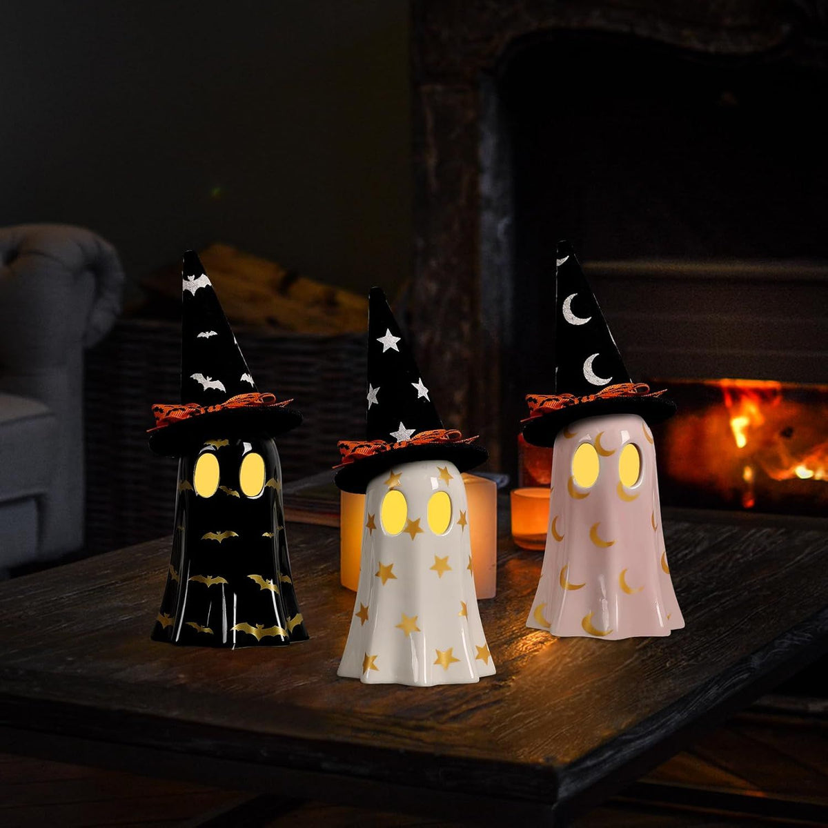 Halloween Decor Indoor, Set of 3 Ceramic Ghosts with Witch Hats, Cute Spooky Ghost Figurines for Mantel, Shelf & Tabletop Decor, Halloween Decorations - product view 4