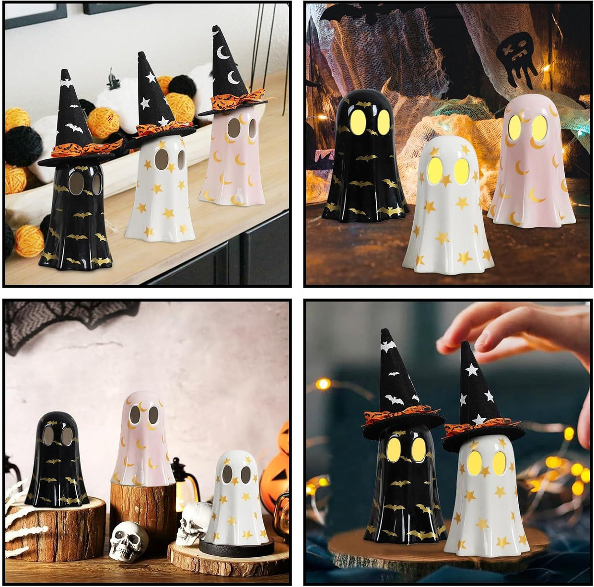 Halloween Decor Indoor, Set of 3 Ceramic Ghosts with Witch Hats, Cute Spooky Ghost Figurines for Mantel, Shelf & Tabletop Decor, Halloween Decorations - product view 7