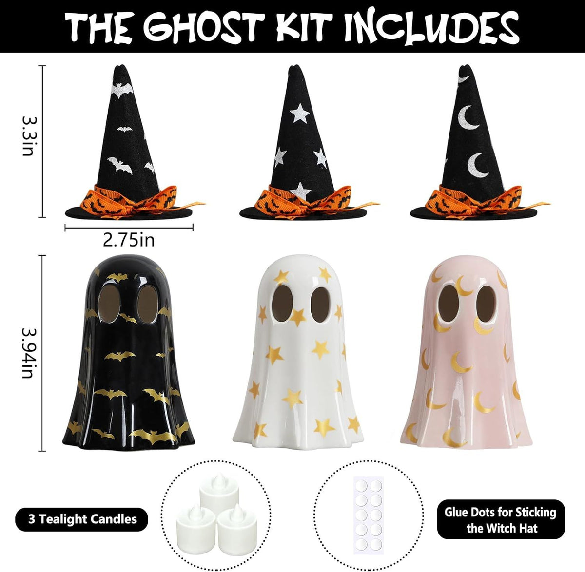 Halloween Decor Indoor, Set of 3 Ceramic Ghosts with Witch Hats, Cute Spooky Ghost Figurines for Mantel, Shelf & Tabletop Decor, Halloween Decorations - product view 3
