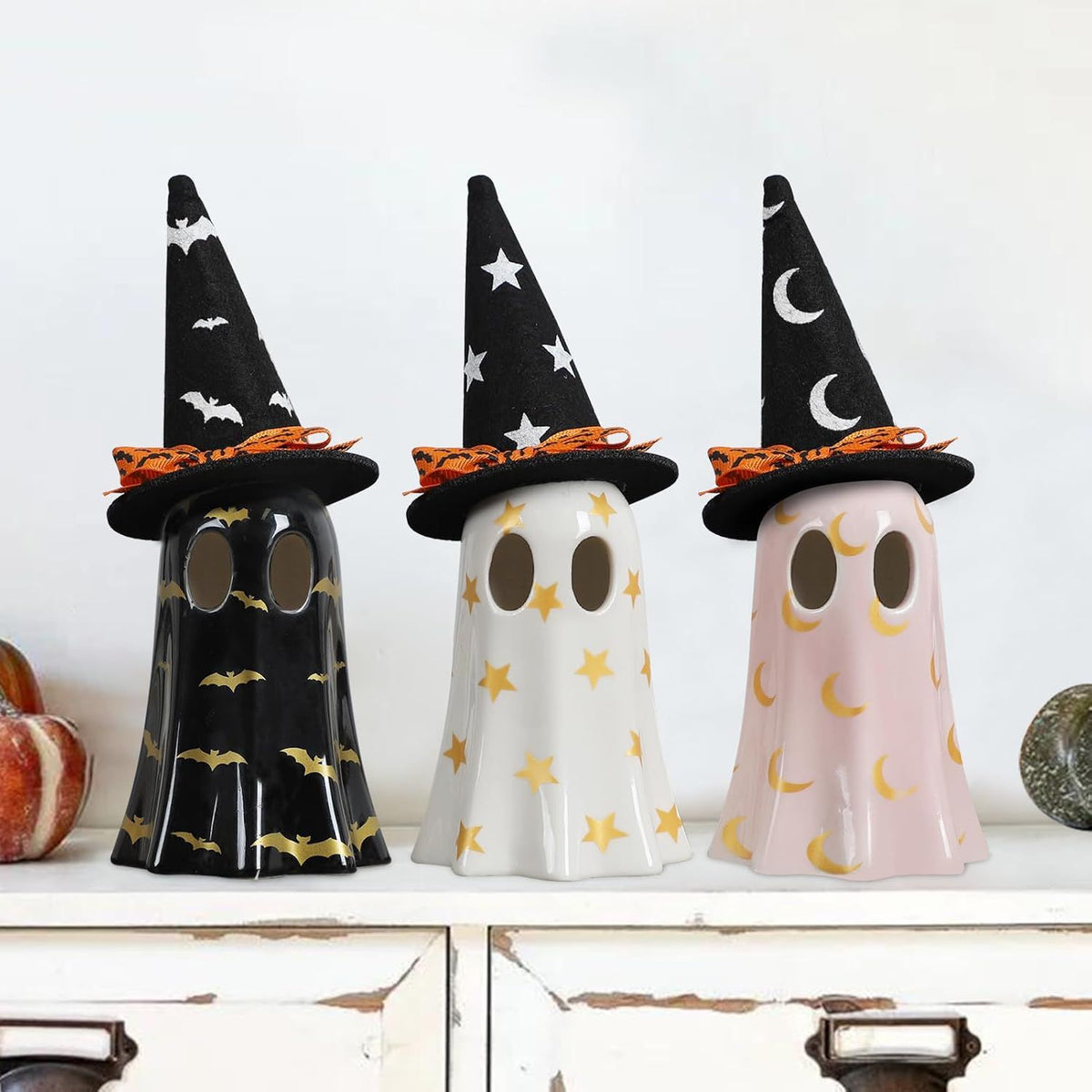 Halloween Decor Indoor, Set of 3 Ceramic Ghosts with Witch Hats, Cute Spooky Ghost Figurines for Mantel, Shelf & Tabletop Decor, Halloween Decorations - product view 5