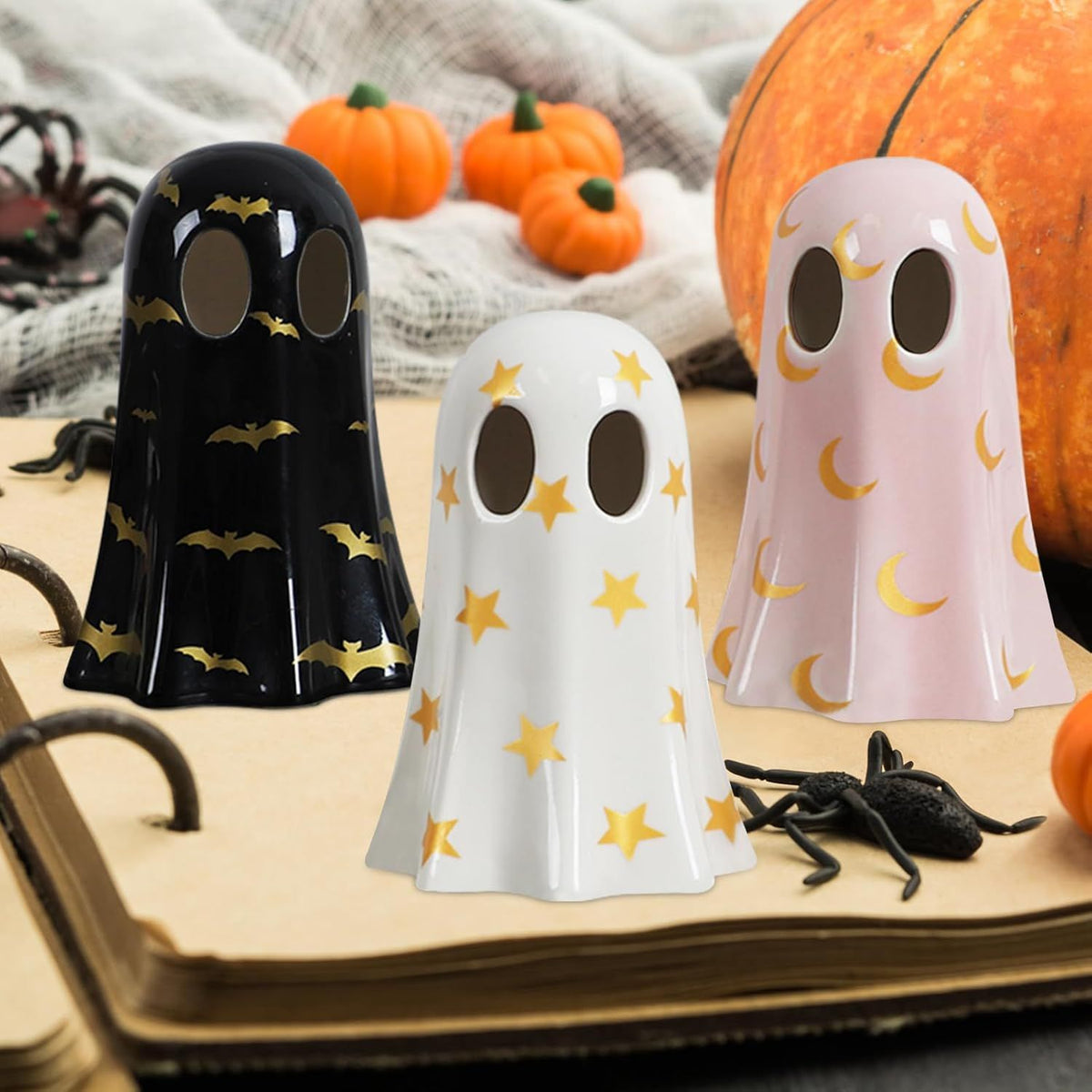 Halloween Decor Indoor, Set of 3 Ceramic Ghosts with Witch Hats, Cute Spooky Ghost Figurines for Mantel, Shelf & Tabletop Decor, Halloween Decorations - product view 8
