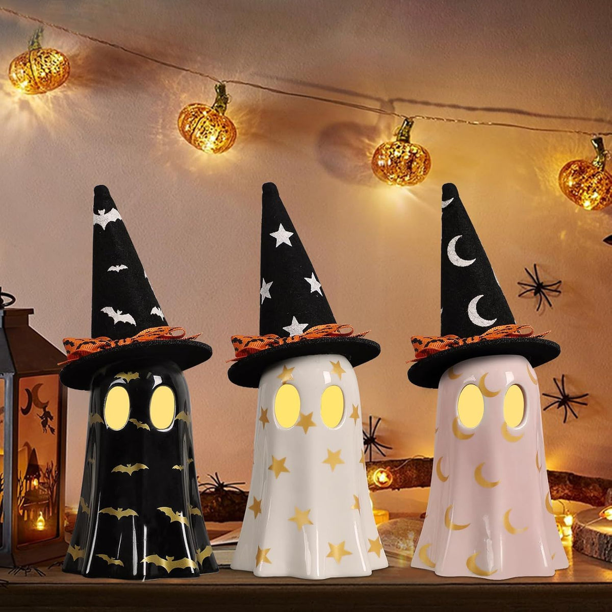 Halloween Decor Indoor, Set of 3 Ceramic Ghosts with Witch Hats, Cute Spooky Ghost Figurines for Mantel, Shelf & Tabletop Decor, Halloween Decorations