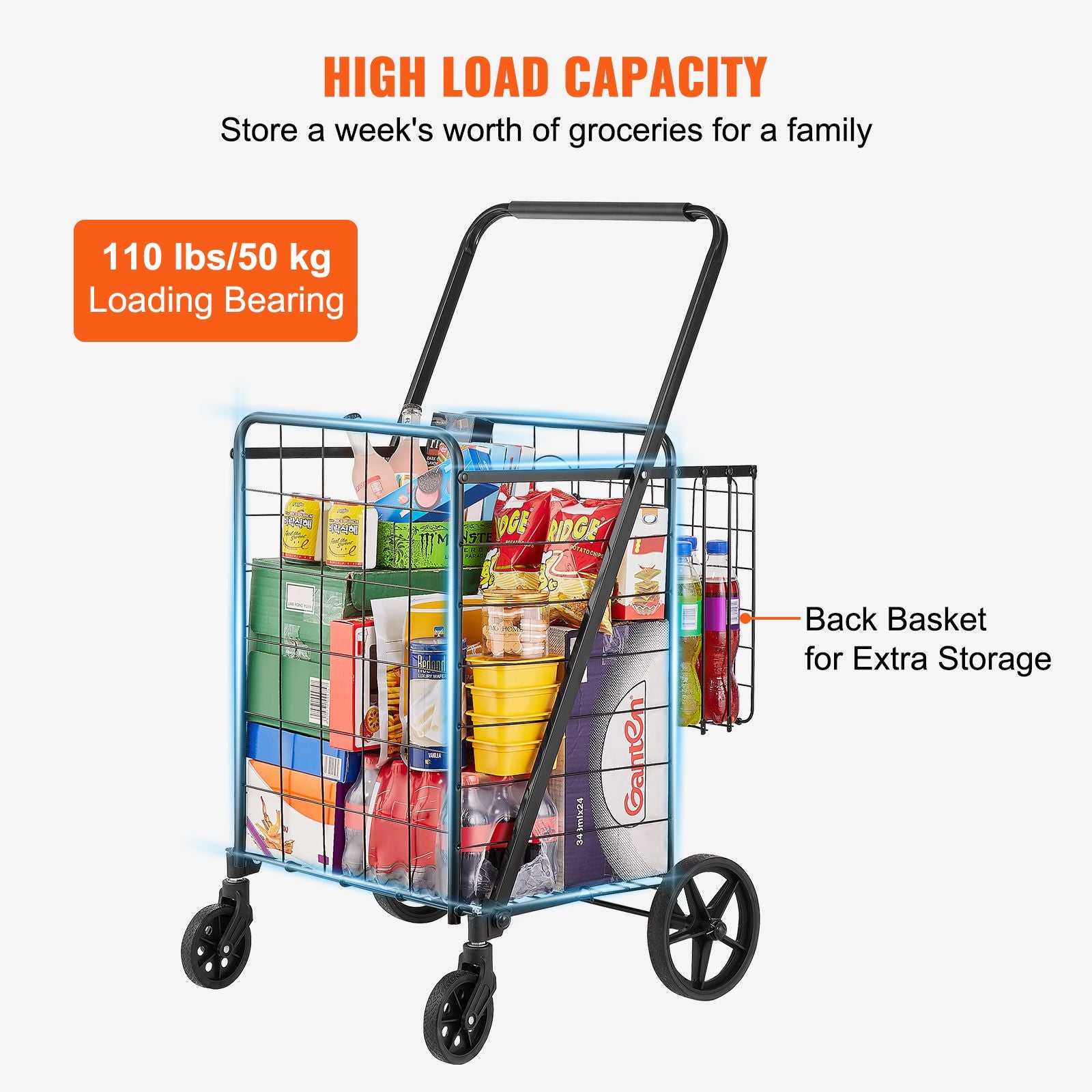 VEVOR Folding Shopping Cart with Double Baskets, 110 lb Capacity