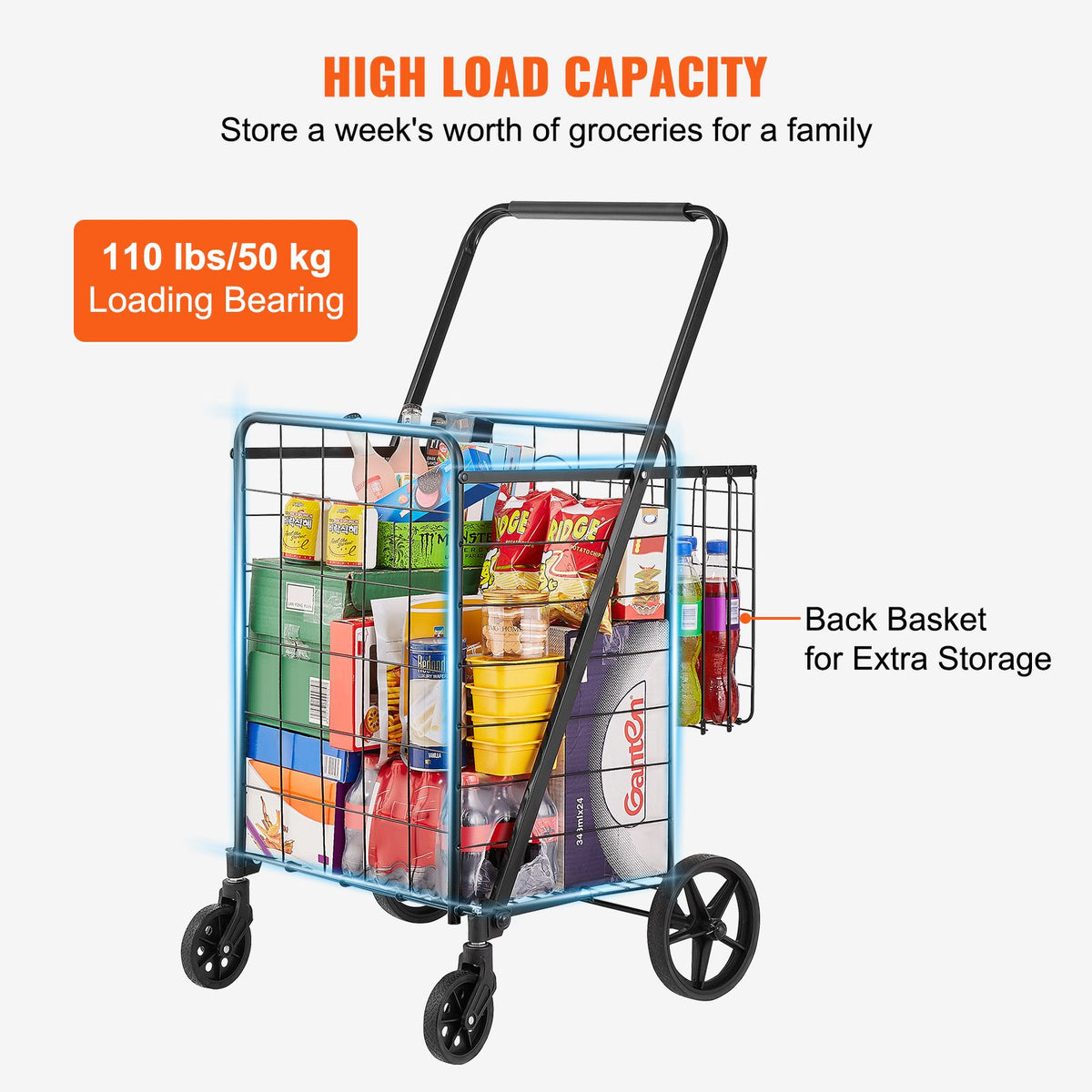 VEVOR Folding Shopping Cart with Double Baskets, 110 lb Capacity