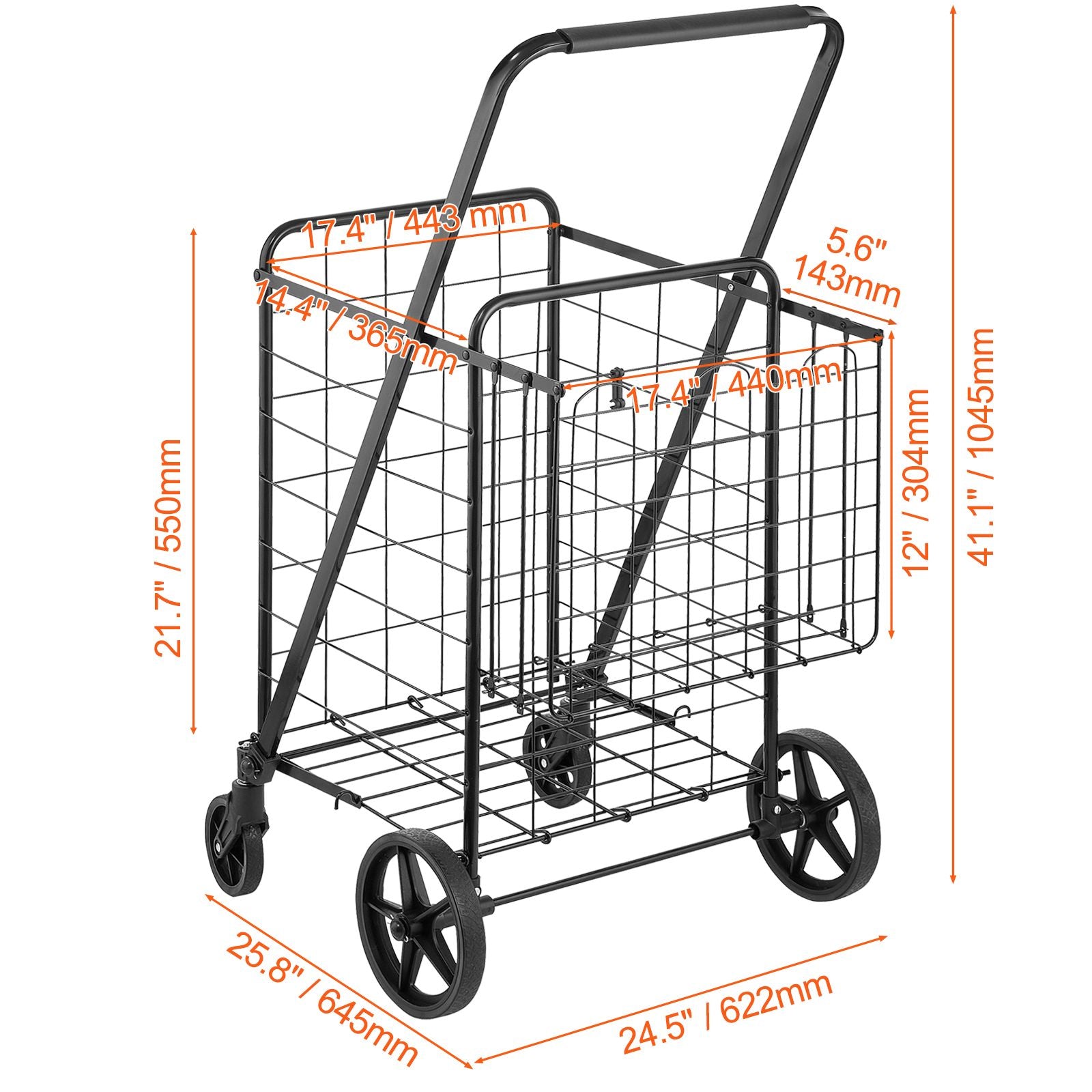 VEVOR Folding Shopping Cart with Double Baskets, 110 lb Capacity