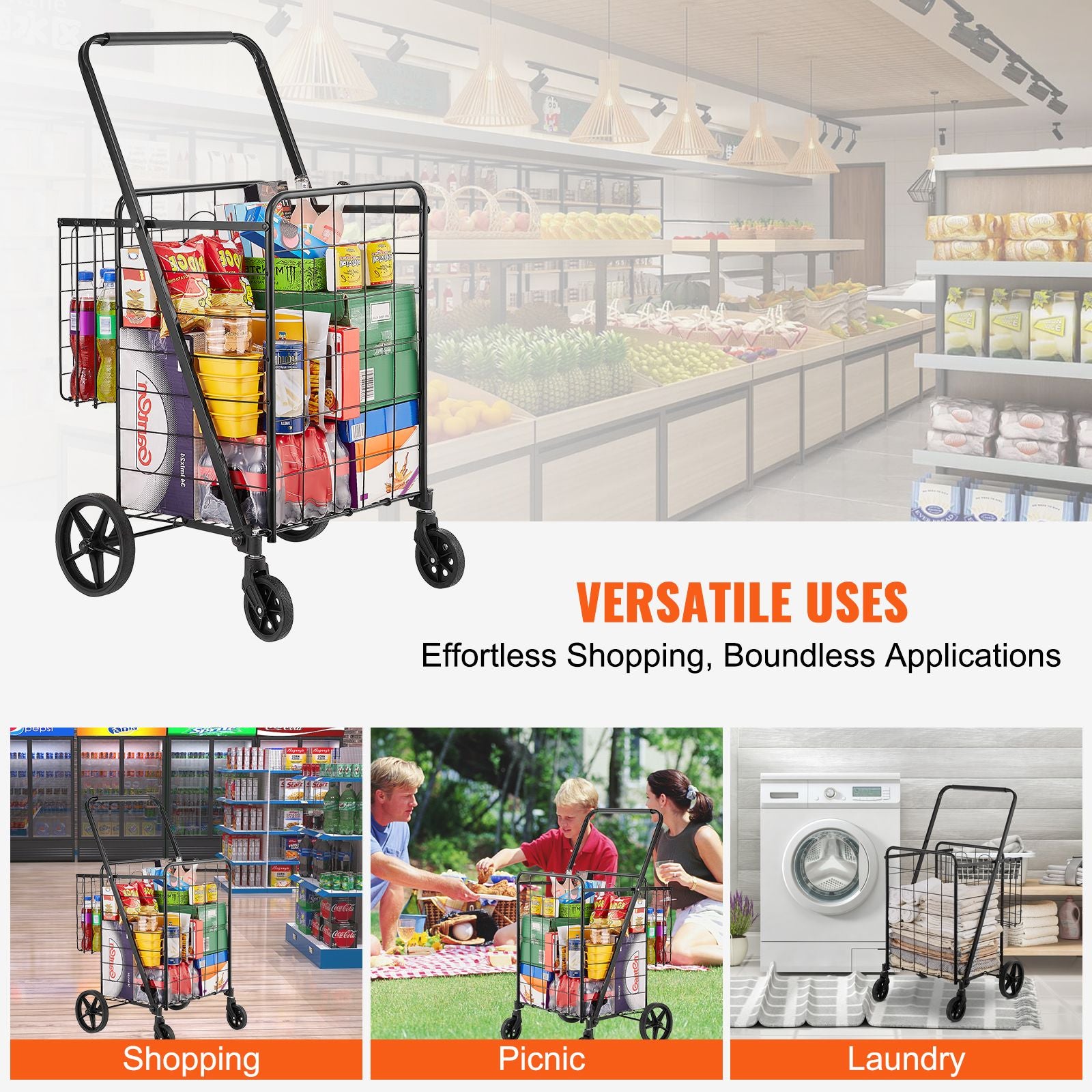 VEVOR Folding Shopping Cart with Double Baskets, 110 lb Capacity