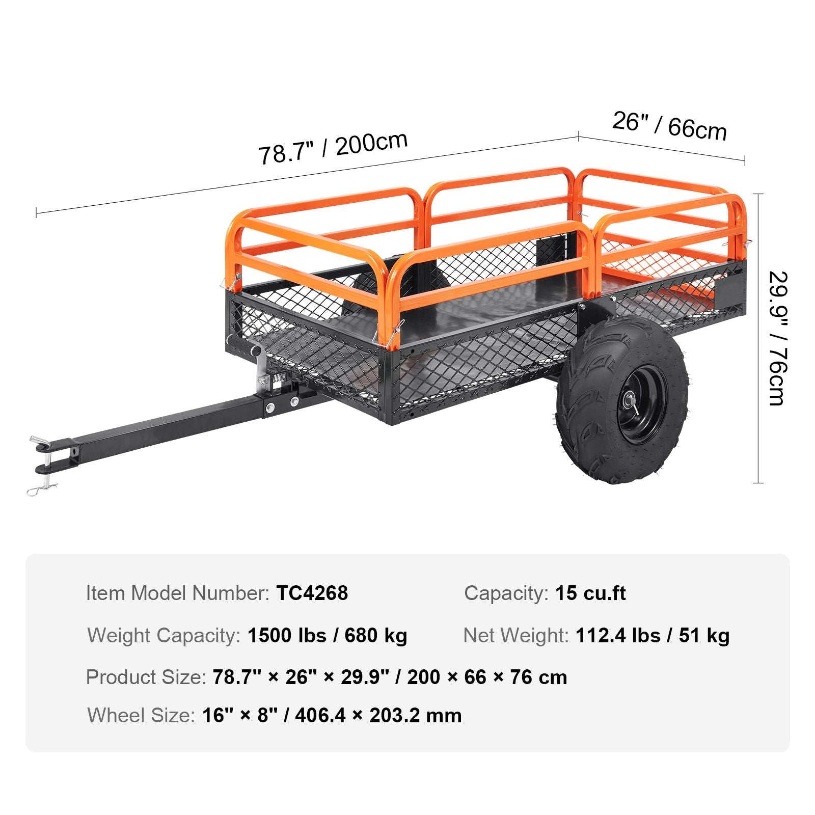 VEVOR ATV Dump Trailer, 1500 lb Capacity, 15 cu ft