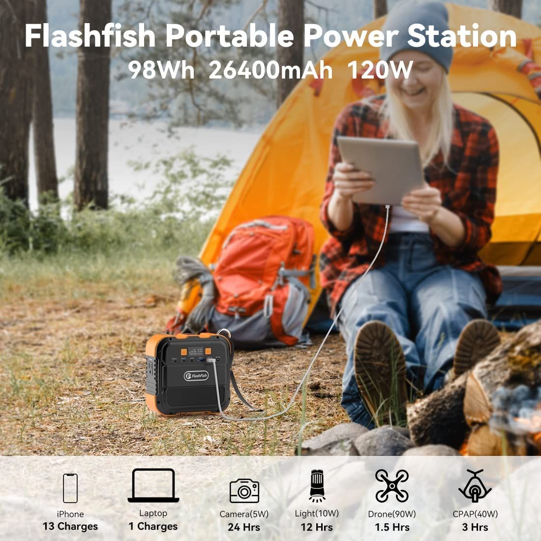 Flashfish 120W Portable Power Station, 98Wh/26400mAh Solar Generator Backup Power Battery Pack with AC/DC/Type-c/USB/Flashlight, 110V Power Bank For