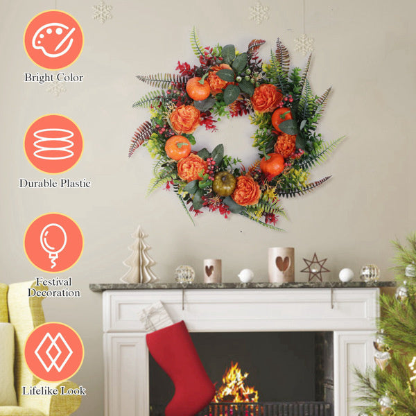 17.71" Autumn Wreath with Pumpkin Mixed Leaves Berries Flowers Fall Decoration for Indoor Outdoor Window Wall Front Door in Halloween Thanks Giving