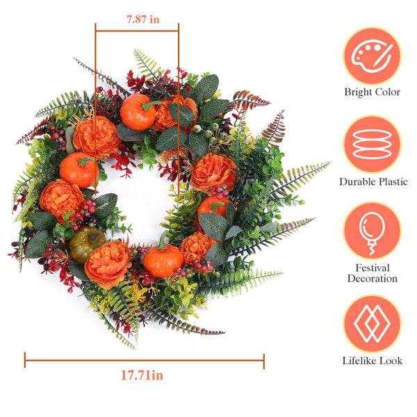 17.71" Autumn Wreath with Pumpkin Mixed Leaves Berries Flowers Fall Decoration for Indoor Outdoor Window Wall Front Door in Halloween Thanks Giving - product view 7