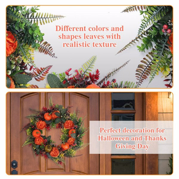 17.71" Autumn Wreath with Pumpkin Mixed Leaves Berries Flowers Fall Decoration for Indoor Outdoor Window Wall Front Door in Halloween Thanks Giving - product view 4
