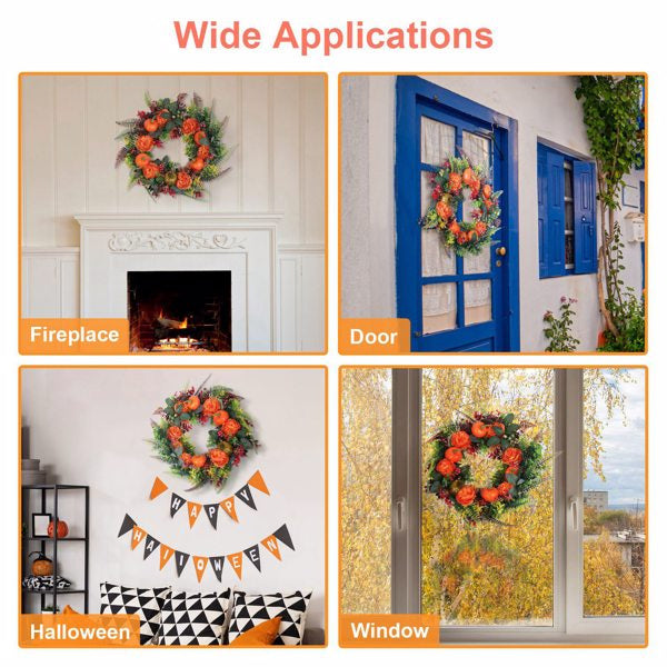17.71" Autumn Wreath with Pumpkin Mixed Leaves Berries Flowers Fall Decoration for Indoor Outdoor Window Wall Front Door in Halloween Thanks Giving - product view 2