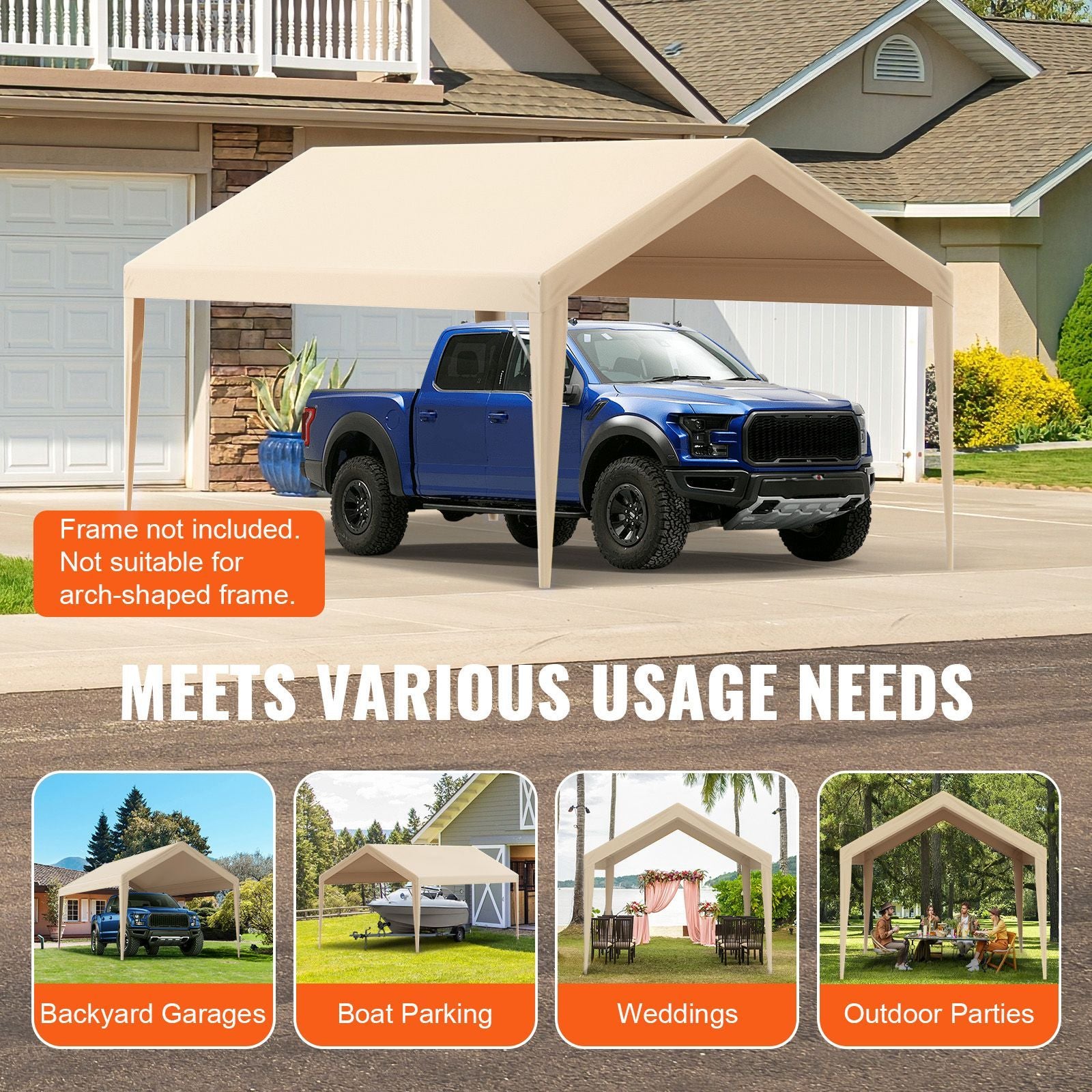 VEVOR 10 x 20 ft Carport Replacement Canopy Cover, Beige