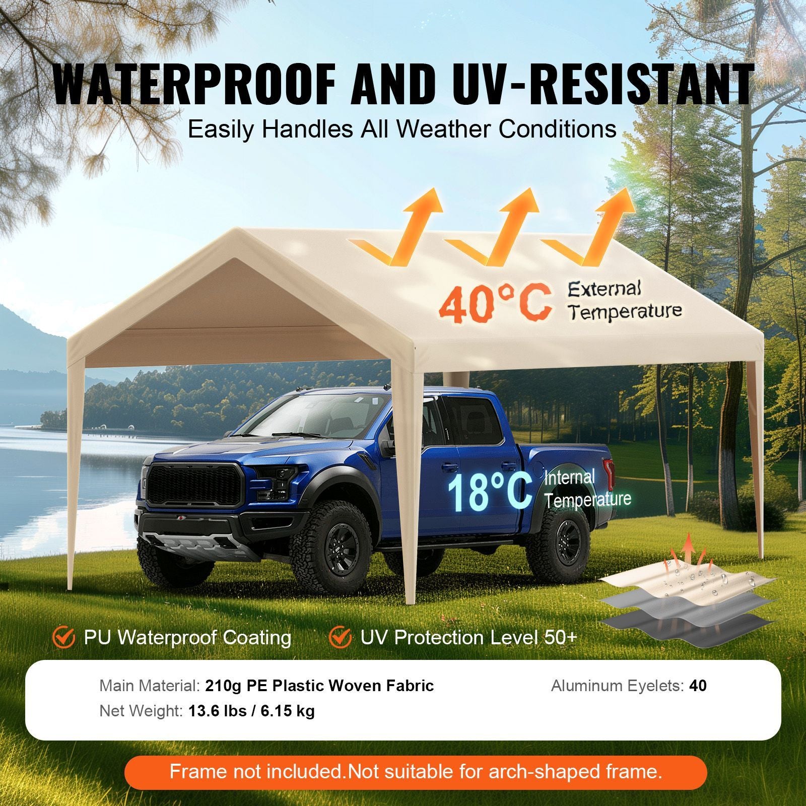 VEVOR 10 x 20 ft Carport Replacement Canopy Cover, Beige