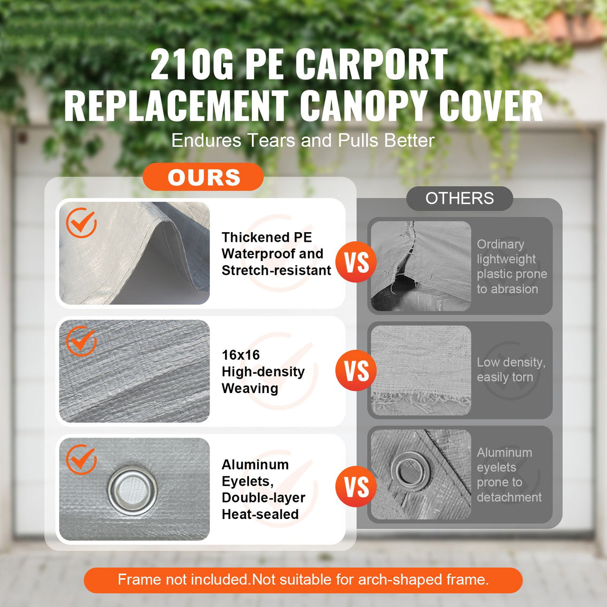 VEVOR 10 x 20 ft Carport Replacement Canopy Cover, Gray