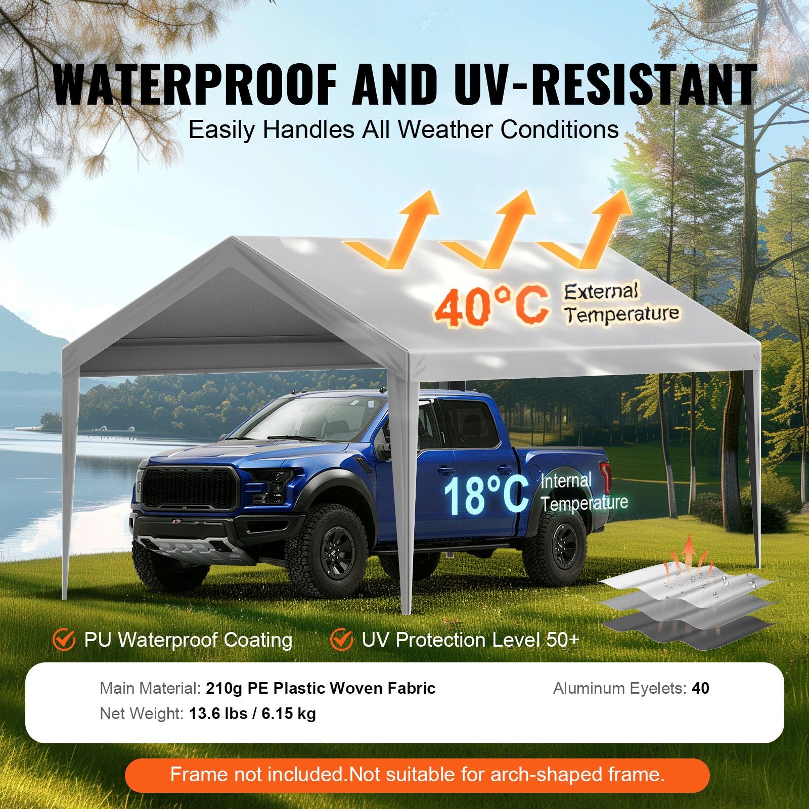 VEVOR 10 x 20 ft Carport Replacement Canopy Cover, Gray
