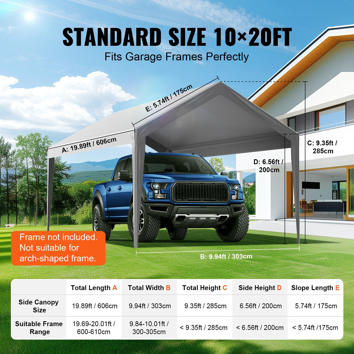 VEVOR 10 x 20 ft Carport Replacement Canopy Cover, Gray