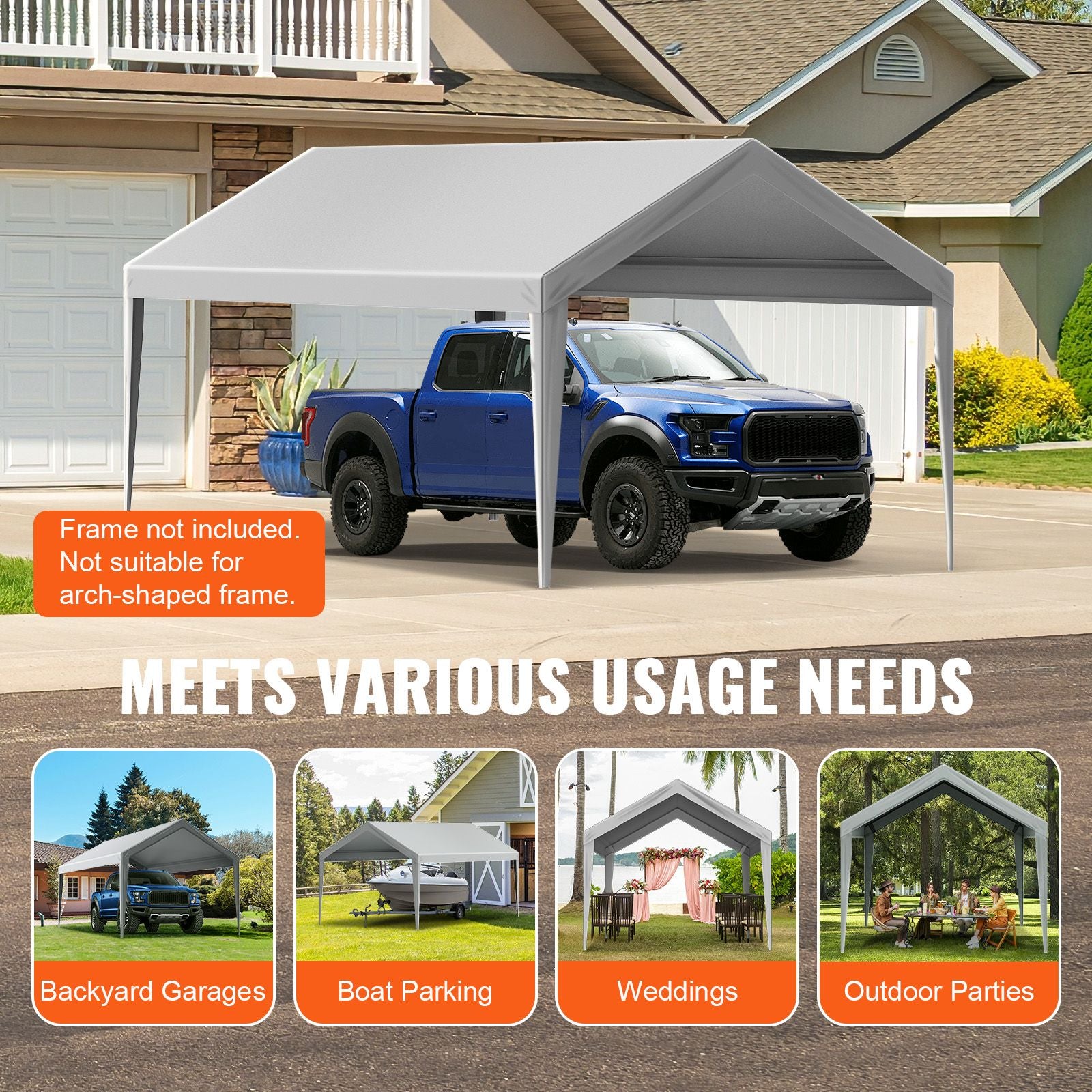 VEVOR 10 x 20 ft Carport Replacement Canopy Cover, Gray