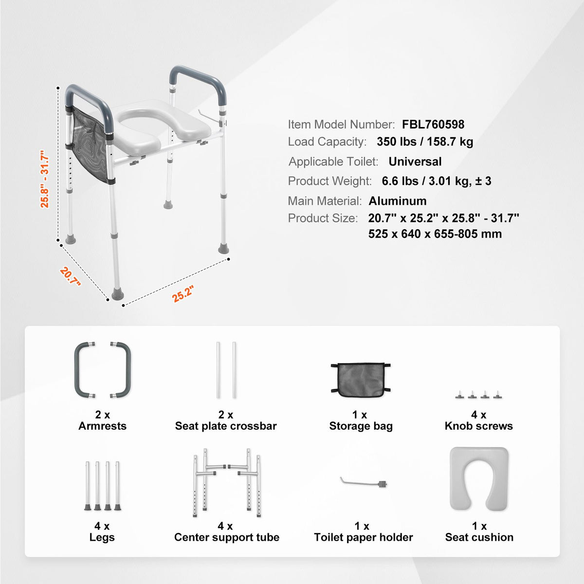 VEVOR Raised Toilet Seat with Adjustable Height, 350 lb Capacity