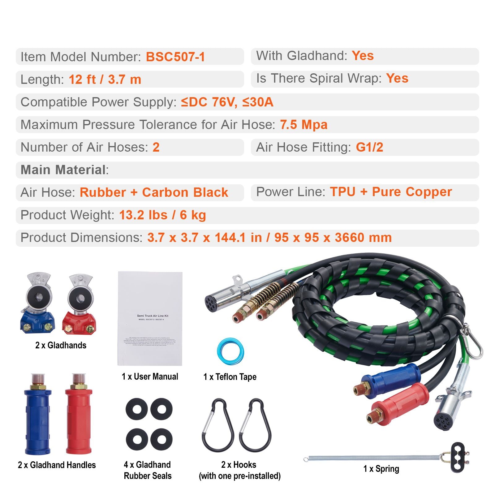 VEVOR 12 ft Semi-Truck Air Line Kit with Glad Hands