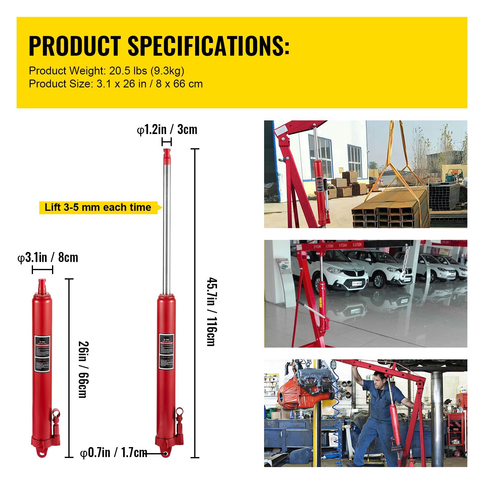 VEVOR 3-Ton Hydraulic Long Ram Jack, Red
