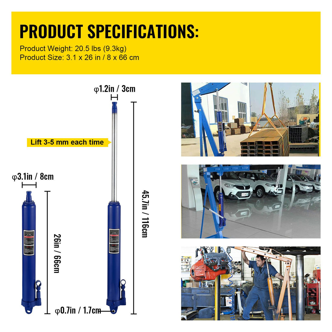 VEVOR 8-Ton Hydraulic Long Ram Jack, Blue