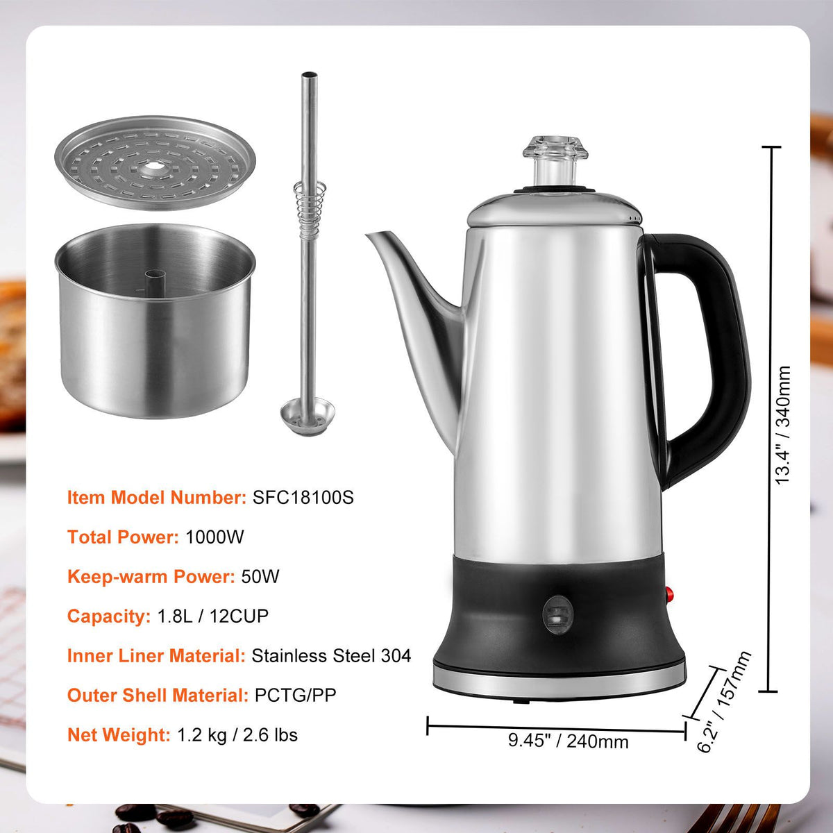 VEVOR 12-Cup Stainless Steel Electric Coffee Percolator