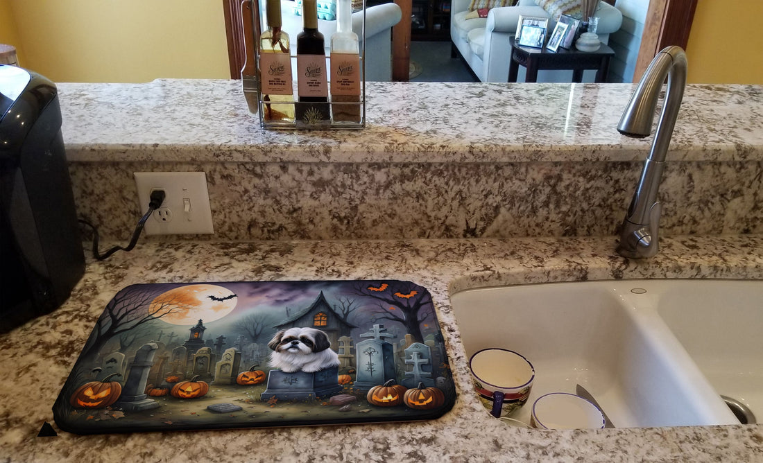 Shih Tzu Spooky Halloween Dish Drying Mat 14 x 21 in, Multicolor