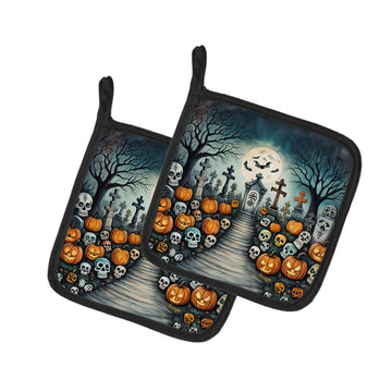 Calaveras Sugar Skulls Spooky Halloween Pot Holder Set 7.5 x 7.5 in
