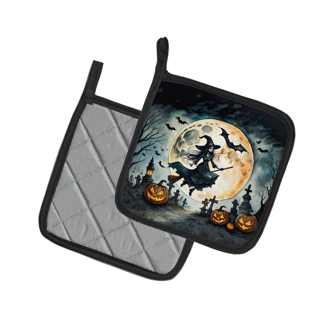 Flying Witch Spooky Halloween Pot Holder Set 7.5 x 7.5 in