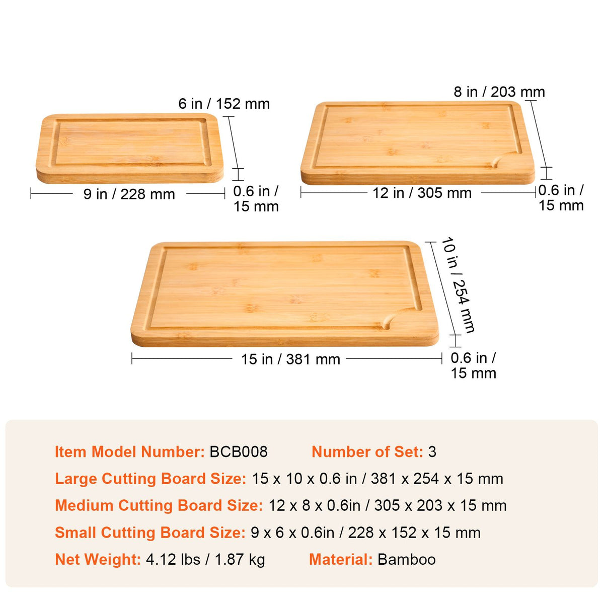 VEVOR 3-Piece Bamboo Cutting Board Set