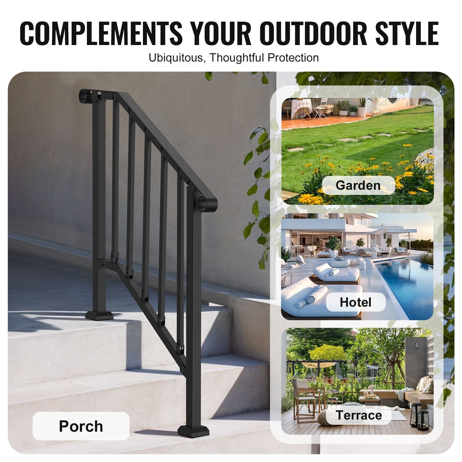 VEVOR Outdoor Stair Handrail for 2-3 Steps, Black