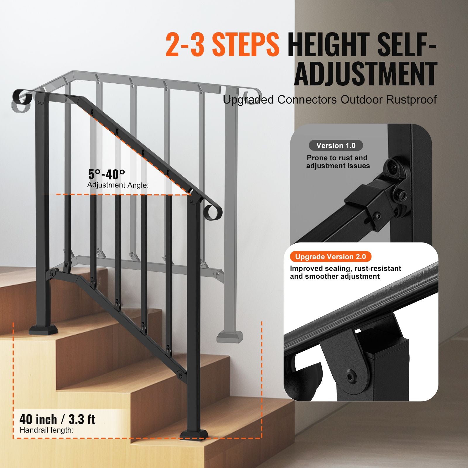 VEVOR Outdoor Stair Handrail for 2-3 Steps, Black