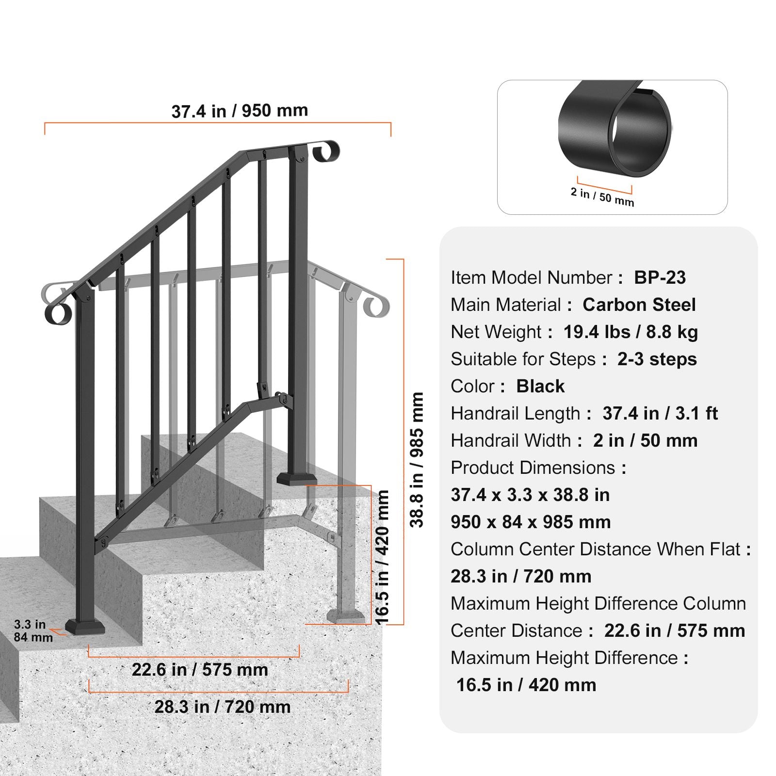 VEVOR Outdoor Stair Handrail for 2-3 Steps, Black