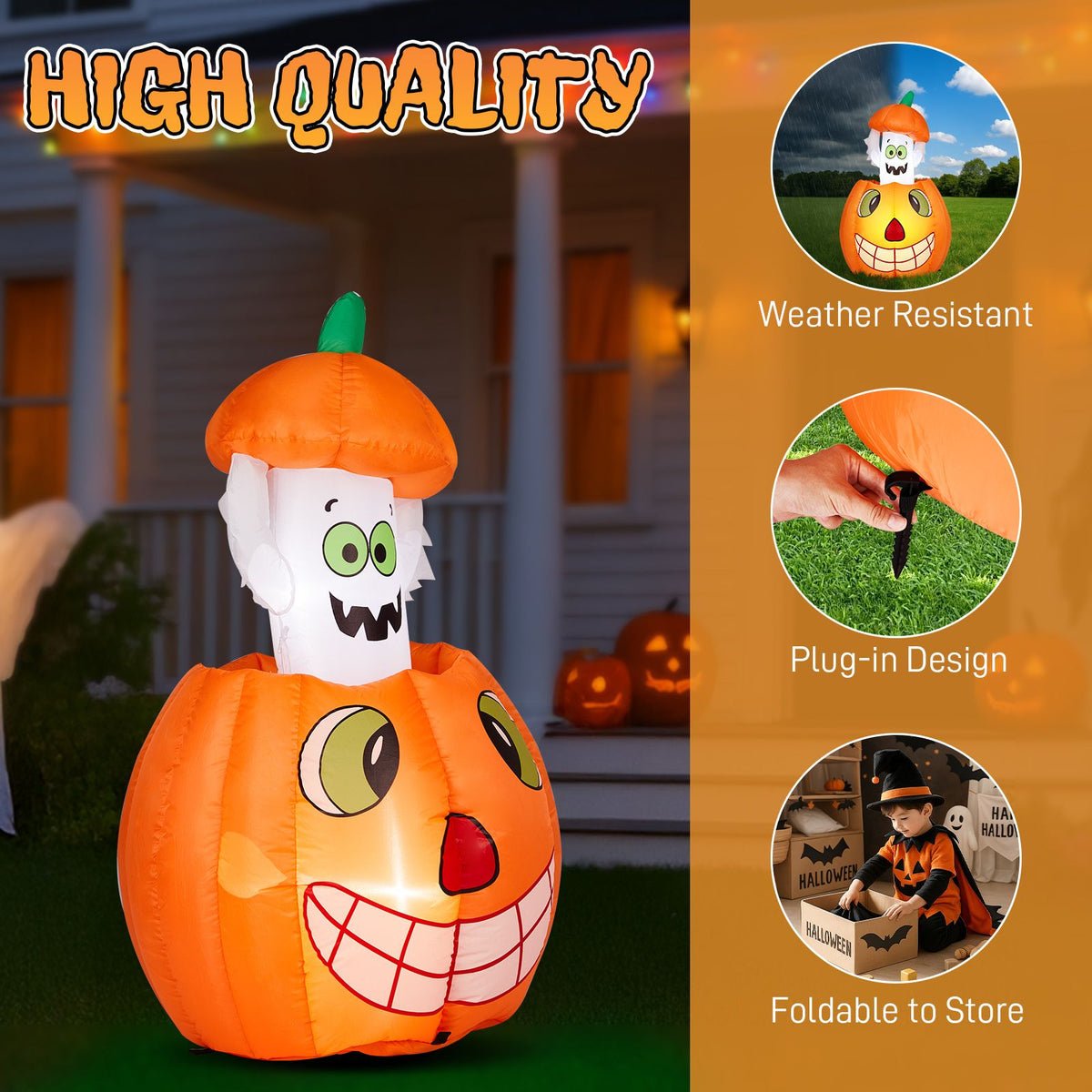 2.8 FT Halloween Inflatables Animated Pumpkin Ghost, Outdoor Decorations Blow Up Yard Decor with Built-in LEDs for Indoor Party Garden Lawn Decor - product view 11