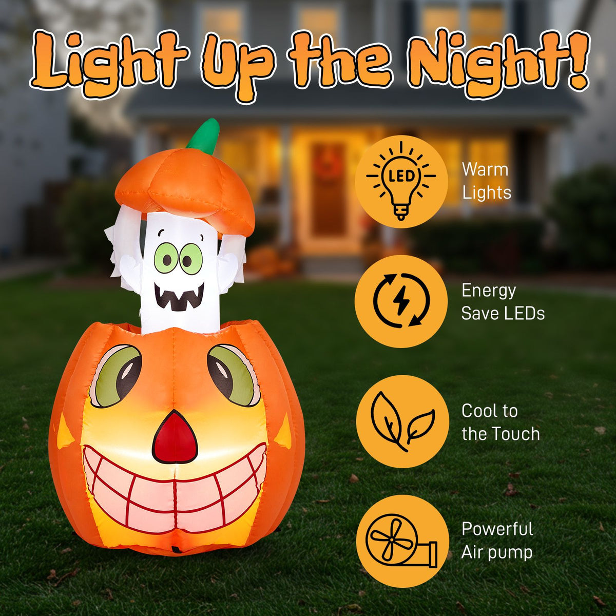 2.8 FT Halloween Inflatables Animated Pumpkin Ghost, Outdoor Decorations Blow Up Yard Decor with Built-in LEDs for Indoor Party Garden Lawn Decor - product view 13