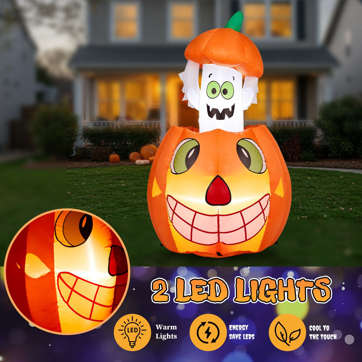 2.8 FT Halloween Inflatables Animated Pumpkin Ghost, Outdoor Decorations Blow Up Yard Decor with Built-in LEDs for Indoor Party Garden Lawn Decor - product view 6