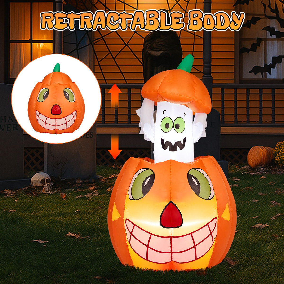 2.8 FT Halloween Inflatables Animated Pumpkin Ghost, Outdoor Decorations Blow Up Yard Decor with Built-in LEDs for Indoor Party Garden Lawn Decor - product view 17