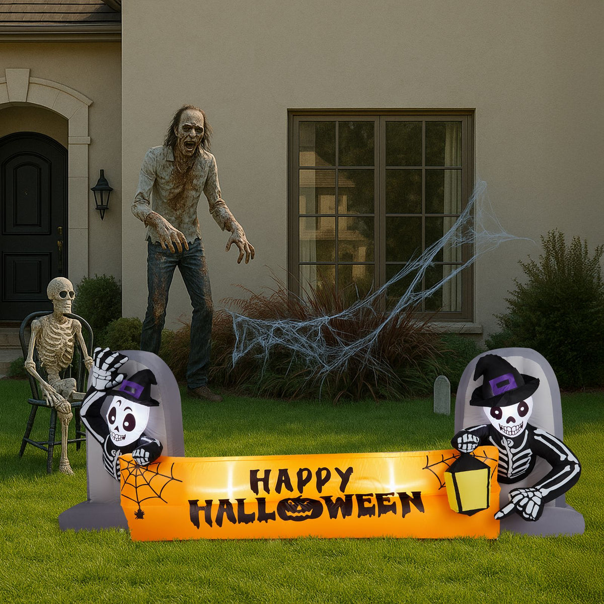 9.6FT Large Halloween Inflatable Decorations Skeleton Tombstone Banner, Outdoor Decorations Blow Up Yard Decor with Built-in LEDs for Halloween - product view 5