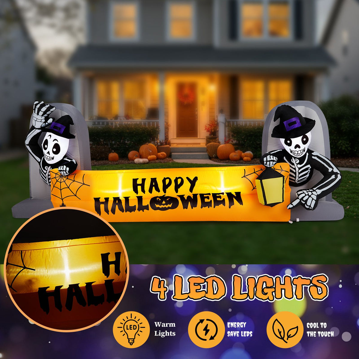 9.6FT Large Halloween Inflatable Decorations Skeleton Tombstone Banner, Outdoor Decorations Blow Up Yard Decor with Built-in LEDs for Halloween - product view 14