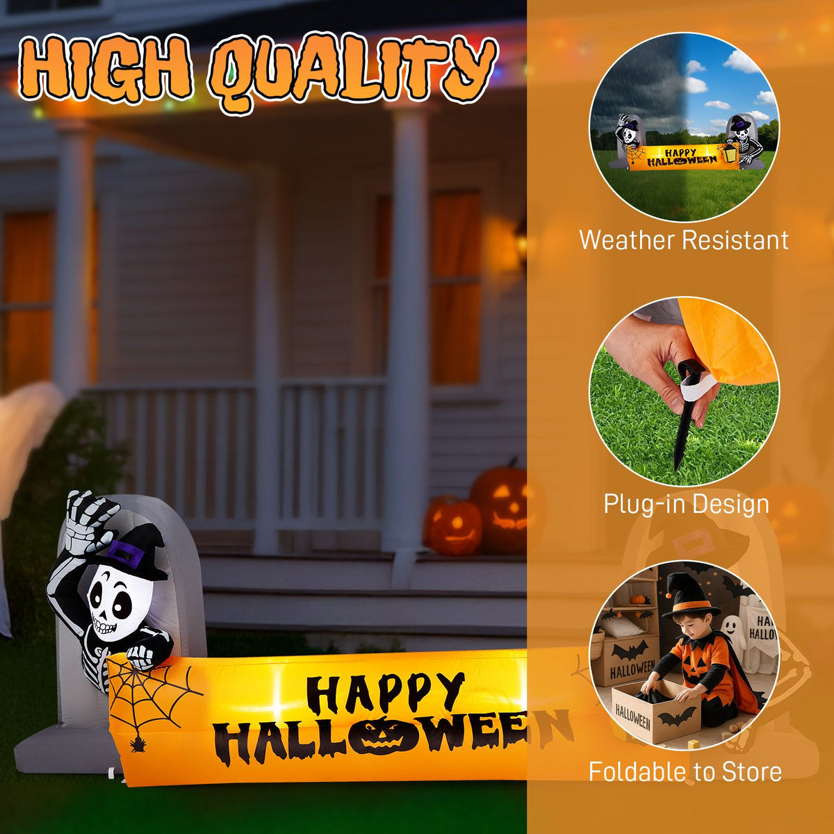 9.6FT Large Halloween Inflatable Decorations Skeleton Tombstone Banner, Outdoor Decorations Blow Up Yard Decor with Built-in LEDs for Halloween - product view 8