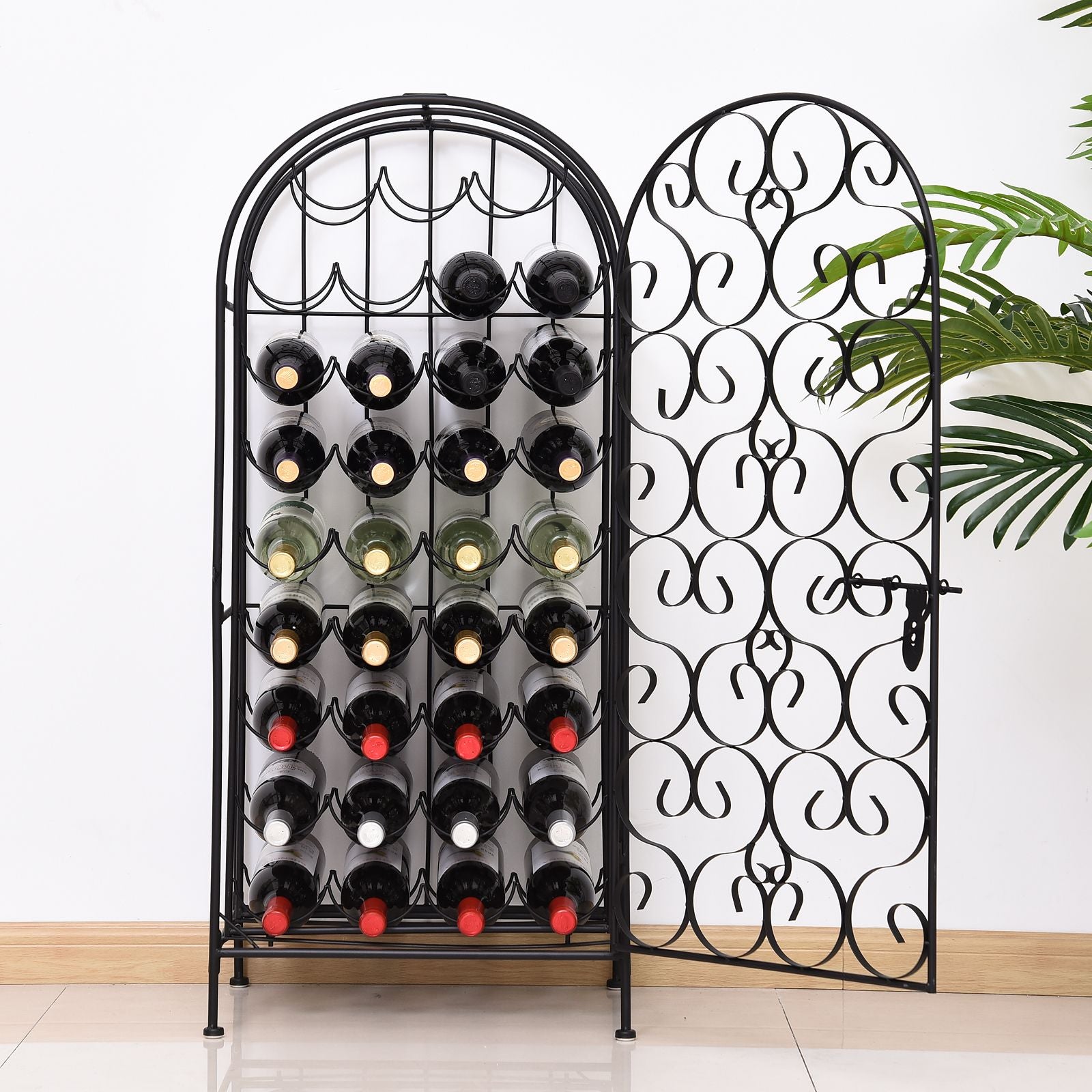 HOMCOM 35-Bottle Wrought Iron Wine Rack Cabinet with Lock, Black